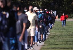 People line up to vote at the Gwinnett County Fairgrounds on October 30, 2020, in Lawrenceville, Georgia.