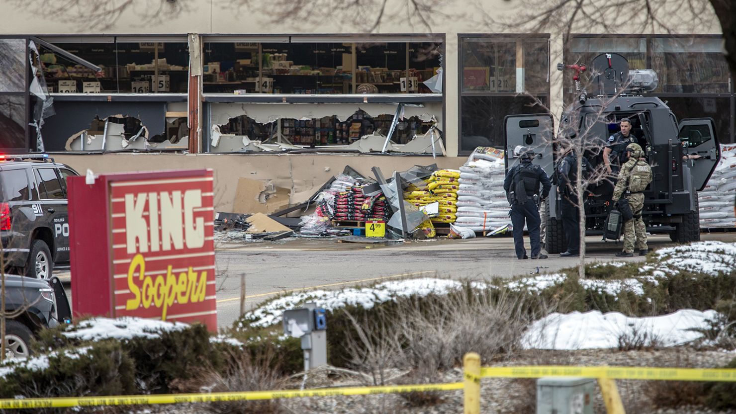 Authorities respond to a King Soopers grocery store after a shooting on March 22, 2021 in Boulder, Colorado, left 10 people dead.