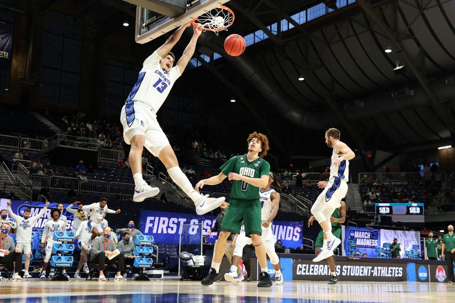 Creighton's Christian Bishop dunks the ball during a second-round win over Ohio on March 22.