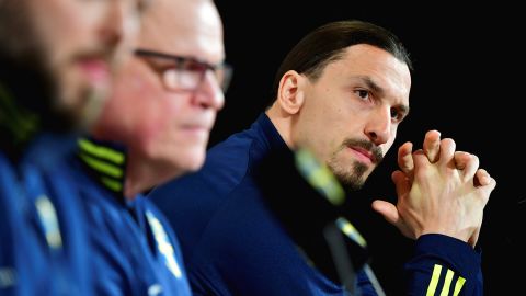 Ibrahimovic attends a press conference.