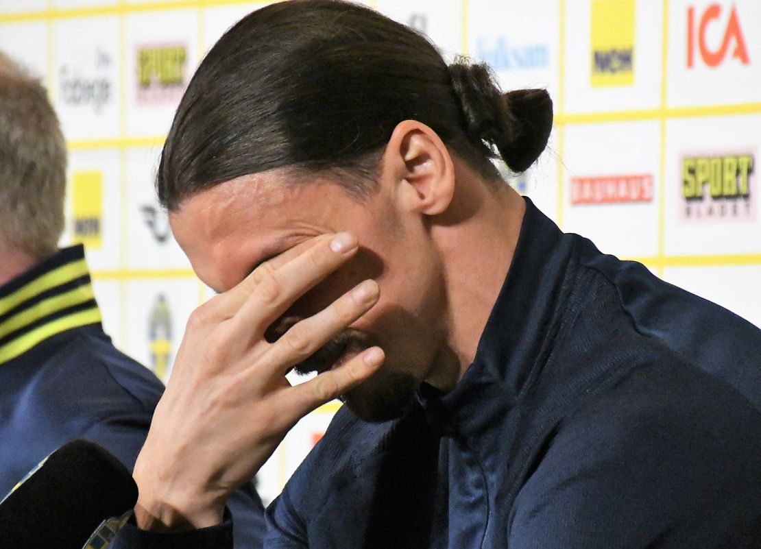 Ibrahimovic cries during a press conference.