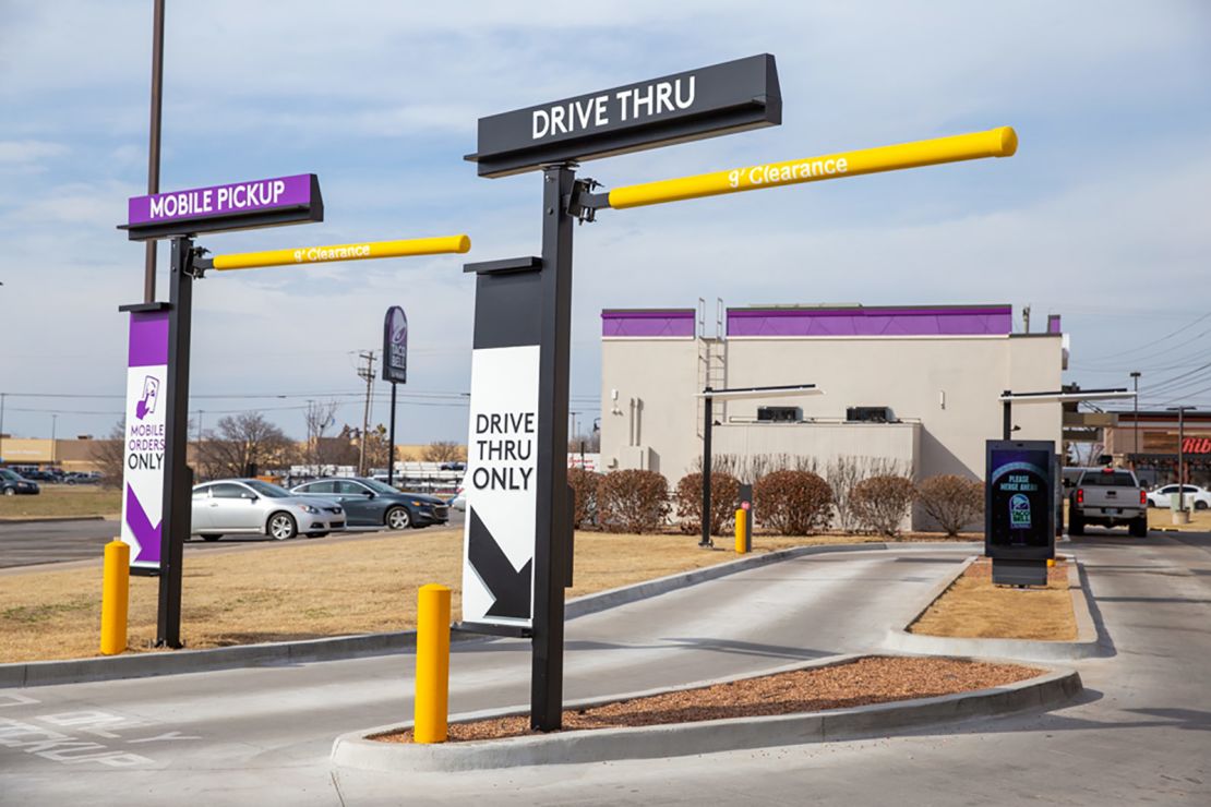 The dual drive-thrus at a remodeled Taco Bell.