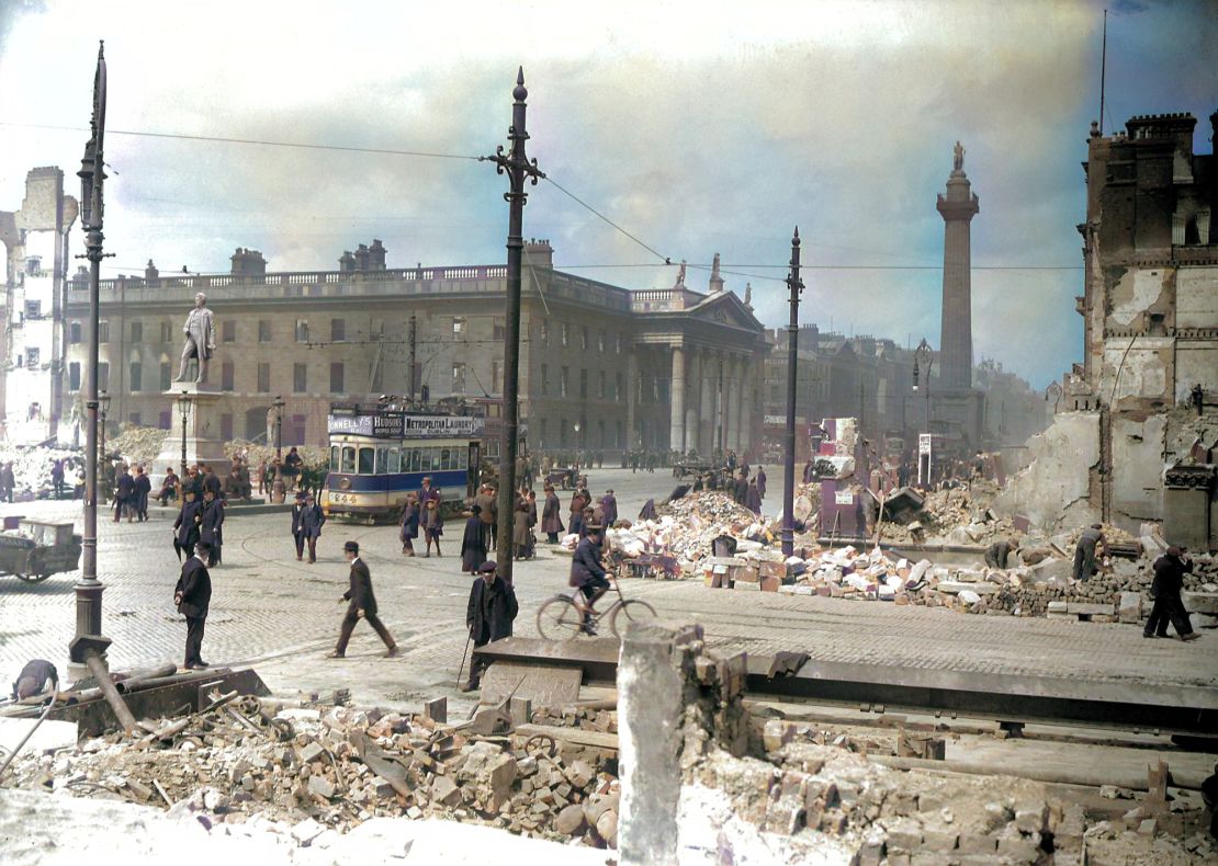 An entire section of the book is dedicated to the Irish revolutionary period, which spans from the early 1910s to 1923. This image shows Dublin's city center in ruins following the Easter Rising of 1916.