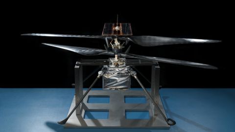 This image shows the flight model of Ingenuity in a clean room at JPL in February 2019.