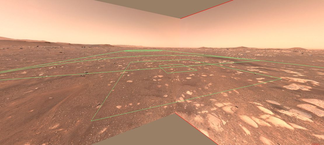 This image shows the flight zone of the Ingenuity helicopter from the perspective of the rover.