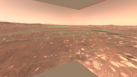 This image shows the flight zone of the Ingenuity helicopter from the perspective of the rover.