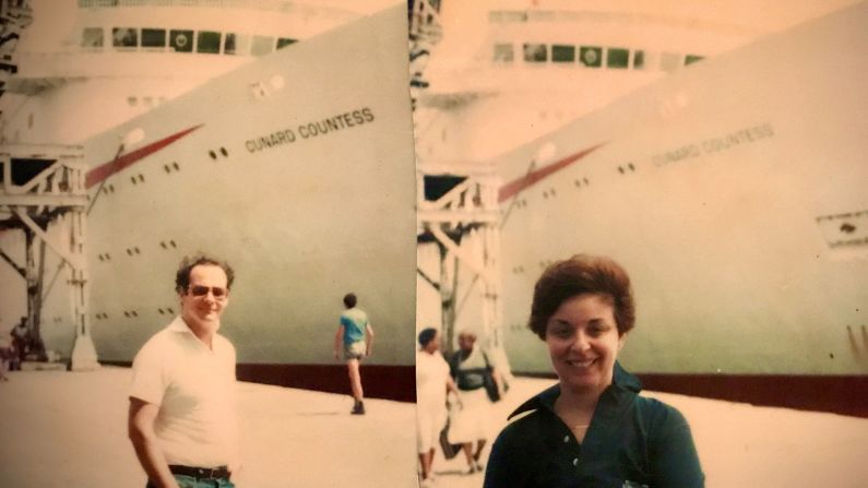 <strong>Reuniting with the ship: </strong>The couple always hoped to go on another voyage on the Cunard Countess, but they never made it back on board. But once, while on vacation in Bermuda, they saw the ship and posed for photos.