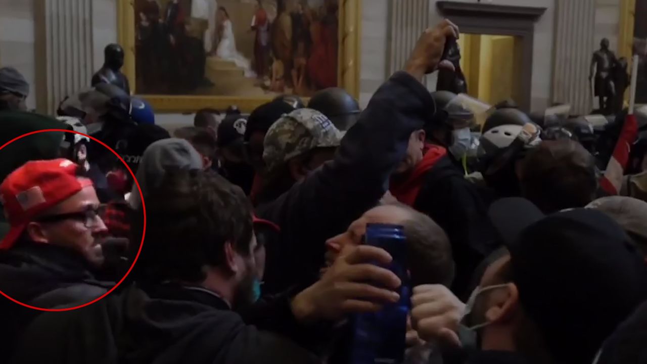 A screengrab taken from video shows Anthony Aguero, a conservative livestream and close ally of Rep. Majorie Taylor Greene, inside the US Capitol during the insurrection by pro-Trump rioters on January 6, 2020.