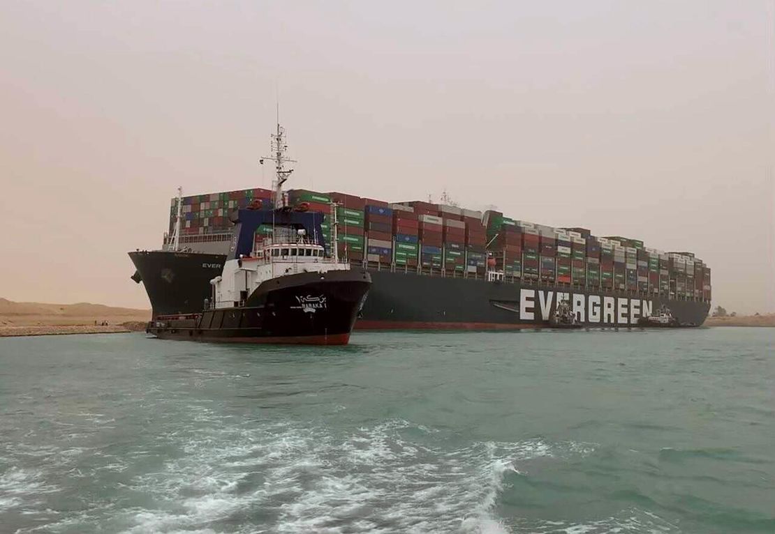 The Ever Given turned sideaways in Egypt's Suez Canal on Tuesday, blocking traffic in a crucial East-West waterway for global shipping.