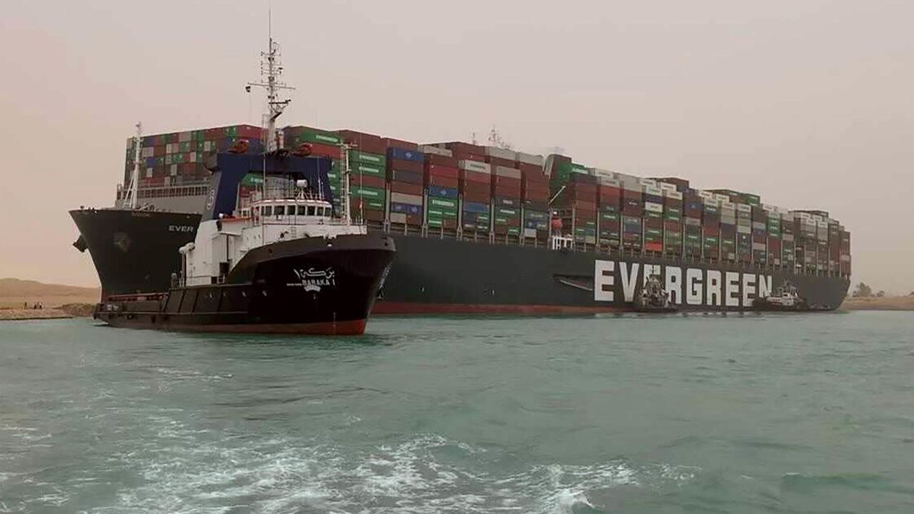 The Ever Given turned sideaways in Egypt's Suez Canal on Tuesday, blocking traffic in a crucial East-West waterway for global shipping.