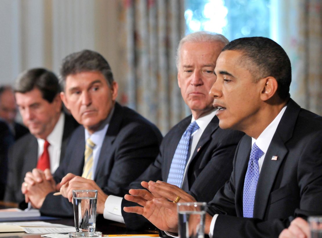 President Barack Obama and Vice President Joseph Biden meet with Govs. Bob Riley and Joe Manchin in the State Dining Room February 3, 2010. 