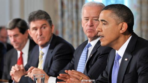 President Barack Obama and Vice President Joseph Biden meet with Govs. Bob Riley and Joe Manchin in the State Dining Room February 3, 2010. 