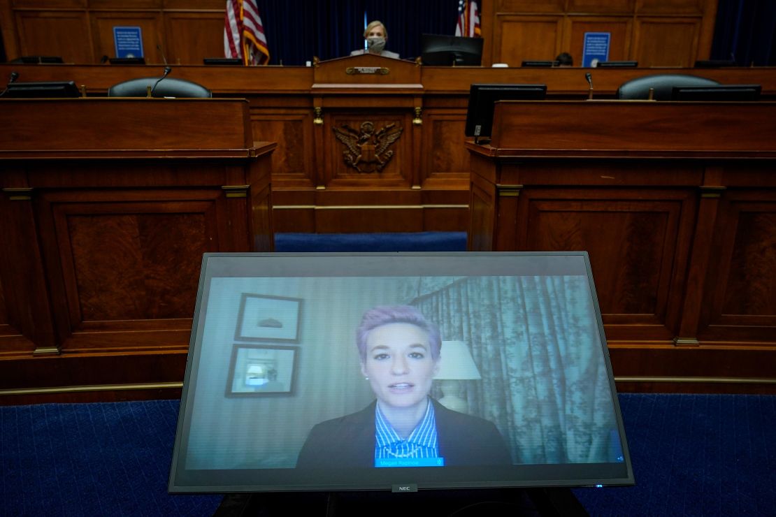 Megan Rapinoe of the US Women's National Soccer Team testifies Wednesday virtually during a House Oversight Committee.