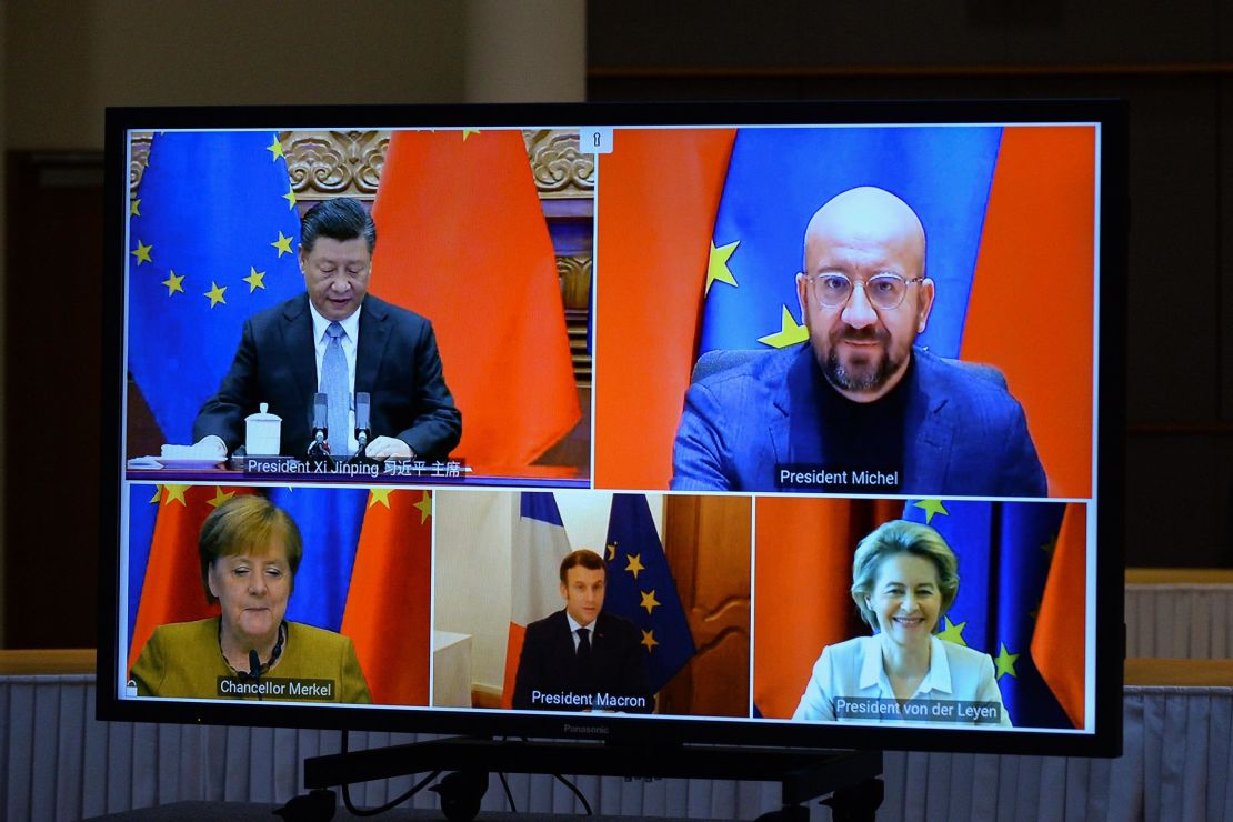 European Commission President Ursula von der Leyen, European Council President Charles Michel, German Chancellor Angela Merkel, French President Emmanuel Macron and Chinese President Xi Jinping during a video conference to approve an investment pact between China and the EU on December 30, 2020.