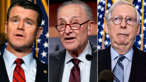 From left to right, Republican Sen. Todd Young of Indiana; Senate Majority Leader Chuck Schumer, a Democrat from New York; and Senate Minority Leader Mitch McConnell, a Kentucky Republican. 