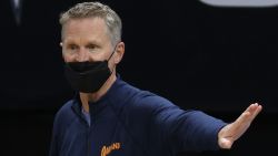 CHARLOTTE, NORTH CAROLINA - FEBRUARY 20: Head coach Steve Kerr of the Golden State Warriors reacts following a play during the first quarter of their game against the Charlotte Hornets at Spectrum Center on February 20, 2021 in Charlotte, North Carolina. NOTE TO USER: User expressly acknowledges and agrees that, by downloading and or using this photograph, User is consenting to the terms and conditions of the Getty Images License Agreement. (Photo by Jared C. Tilton/Getty Images)