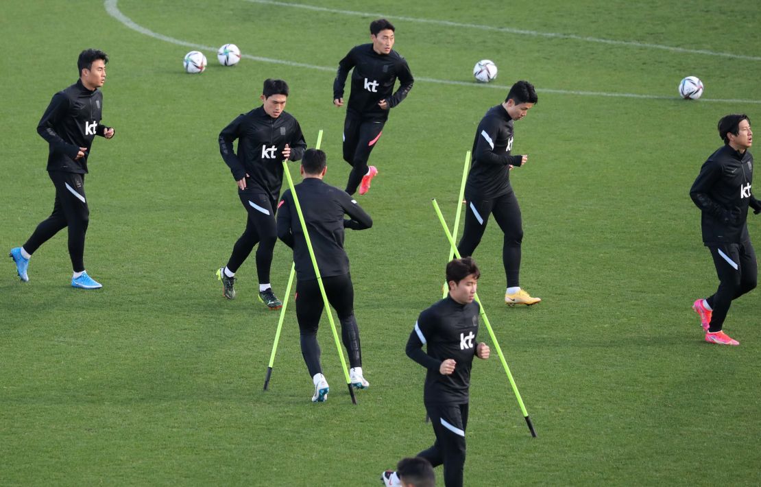 South Korean national soccer team players take part in a training session in Yokohama.