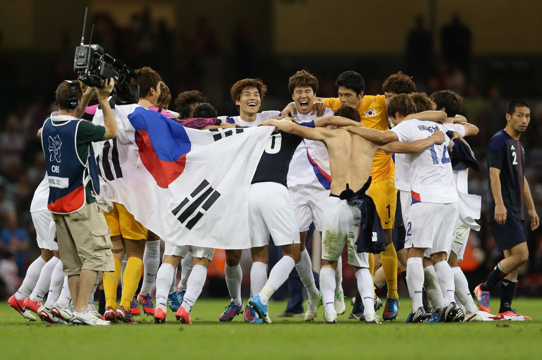 Korea players celebrate after defeating Japan during the men's bronze medal play-off match between Korea and Japan at the London 2012 Olympics.