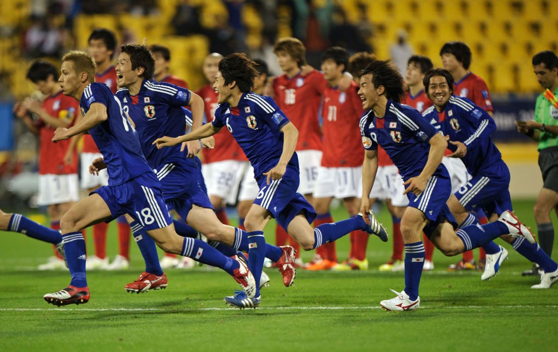 Japan celebrate reaching the final of the Asian Cup 2011 after defeating South Korea 3-0 in a penalty shoot out.