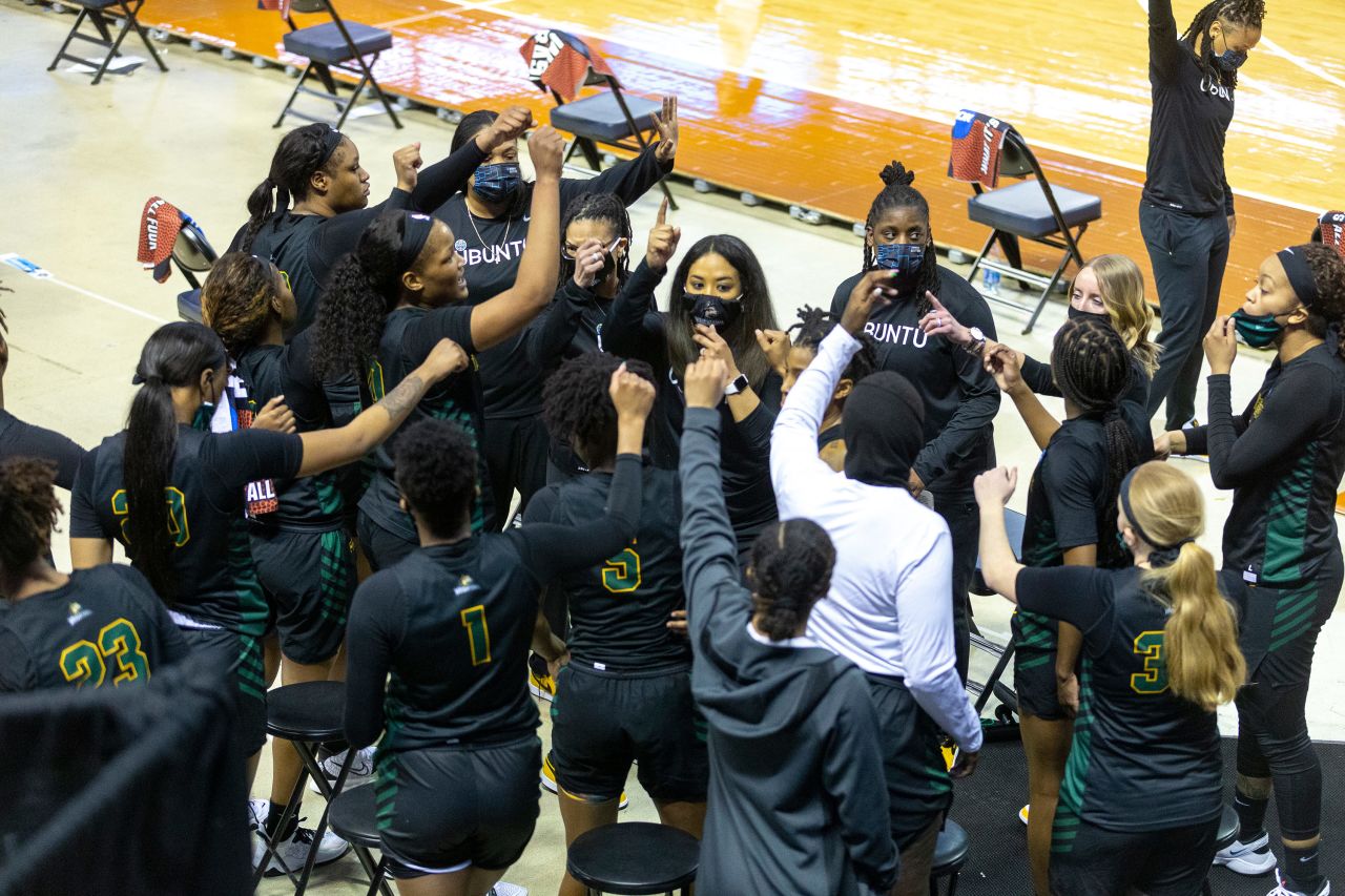Wright State head coach Katrina Merriweather speaks with her team during a timeout on March 22. The 13th-seeded Raiders went on to upset Arkansas, a 4-seed.