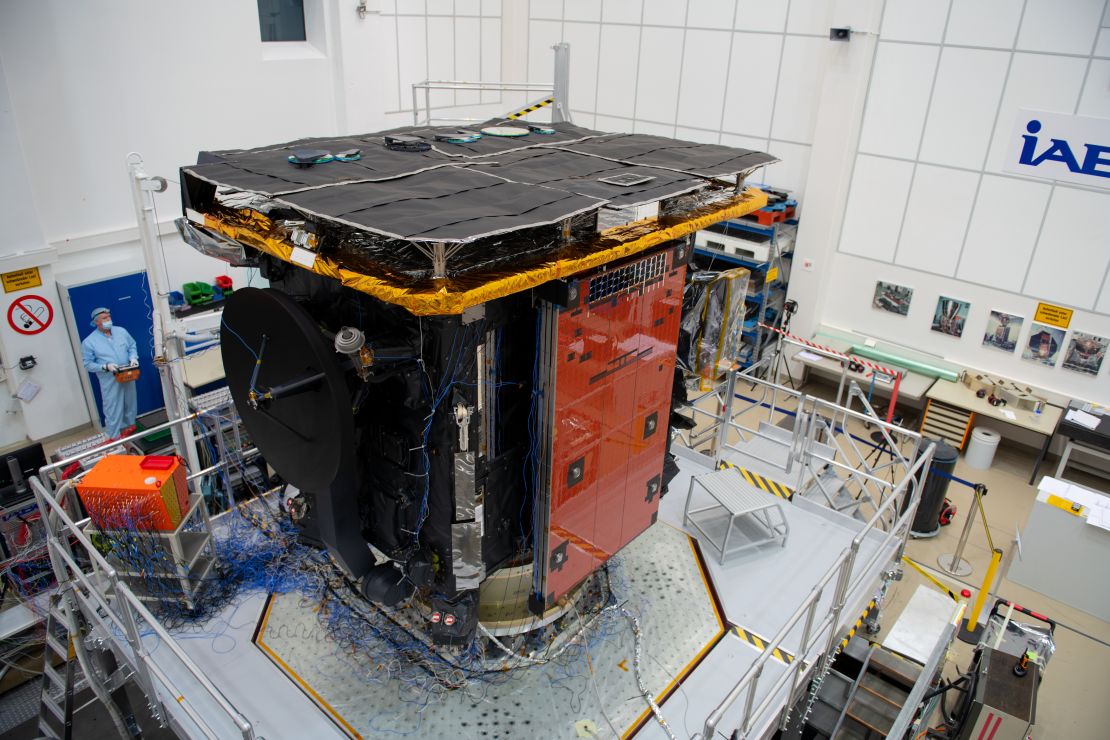 The Solar Orbiter spacecraft during preparations for a vibration test in February 2019.