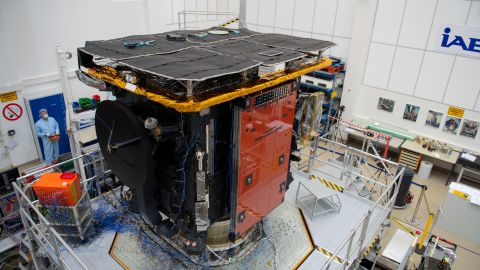 The Solar Orbiter spacecraft during preparations for a vibration test in February 2019.