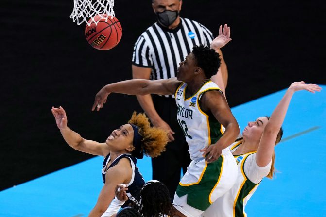 Baylor's Moon Ursin blocks a shot by Jackson State guard Jariyah Covington during a first-round game on March 21.