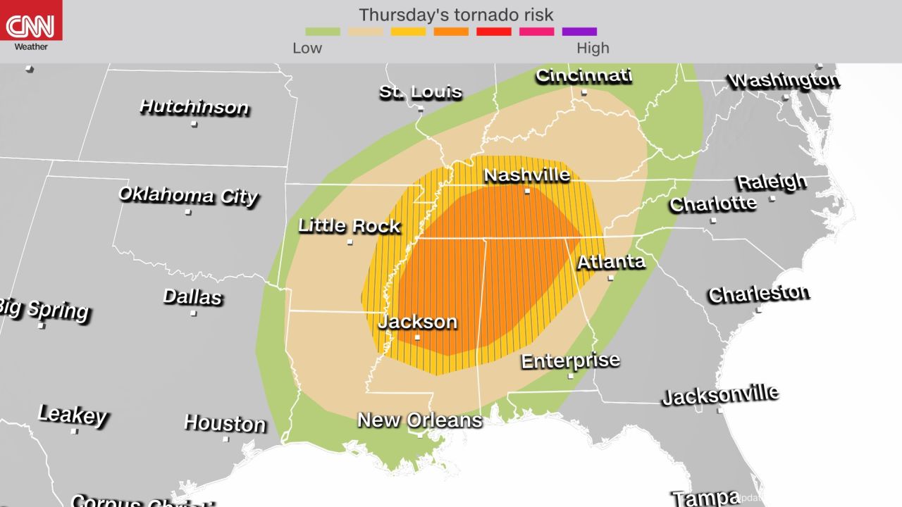 Storm Prediction Center's tornado probabilities for Thursday into Thursday night. Any given location within parts of Mississippi, Alabama and Tennessee has a 15% chance of there being a tornado within 25 miles. The hatched area indicates a "10% or greater probability of EF2 - EF5 tornadoes within 25 miles of a point," according the SPC.