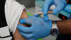 The AstraZeneca vaccine is given to a patient at a pharmacy in Edgware, London on Tuesday, March 16, 2021, as Britain continues use of the vaccine.