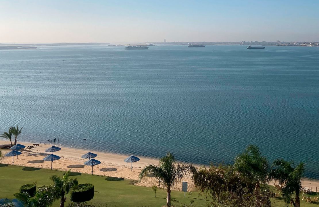 Ships anchored in Lake Timsah, Ismailia, halfway through the Suez canal on Thursday.