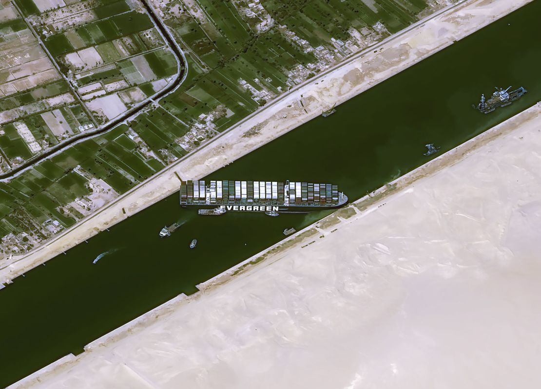 This satellite image, taken on March 25, shows the Suez Canal blocked by the ship Ever Given after it ran aground.