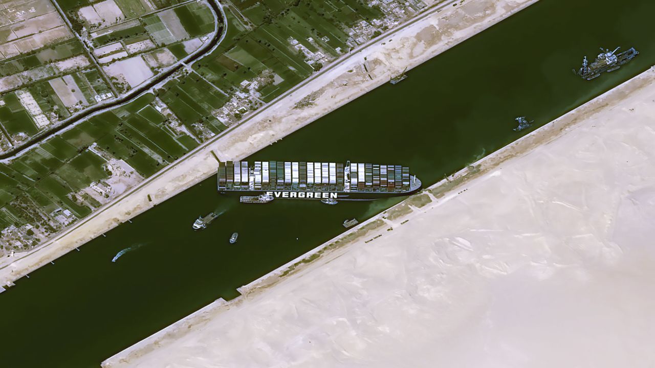 This satellite image, taken on March 25, shows the Suez Canal blocked by the ship Ever Given after it ran aground.