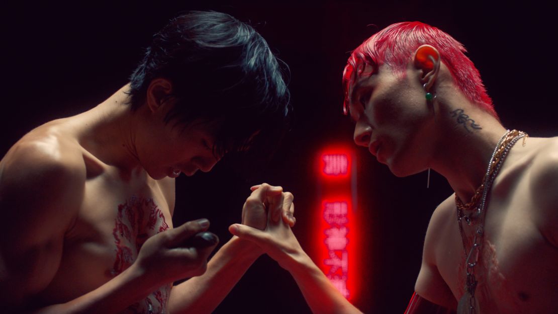 Still from "Kiss of the Rabbit God," a short film written and directed by Huang for Nowness. Starring Teddy Lee (left) and Jeff Chen (right).