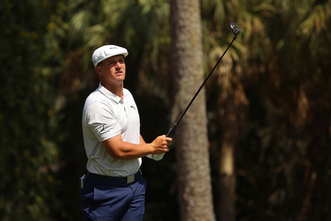 DeChambeau plays his shot from the second tee during the final round of The Players Championship.