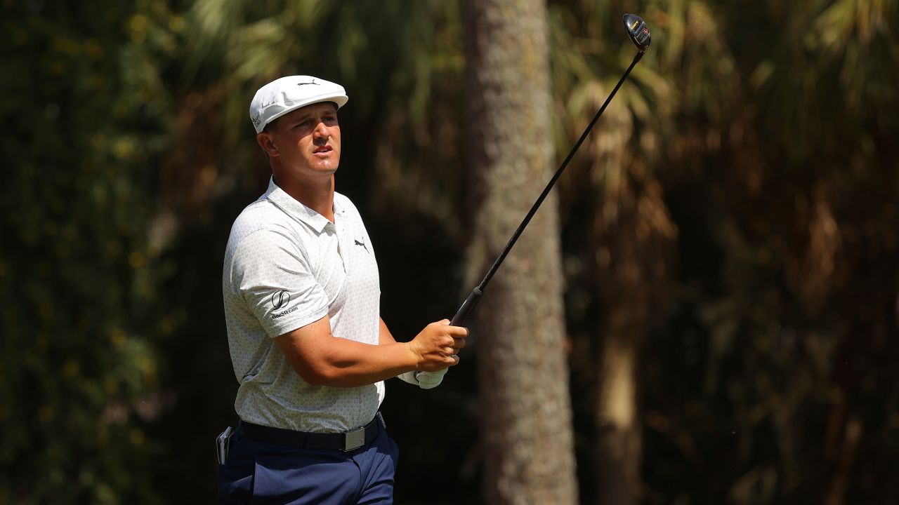DeChambeau plays his shot from the second tee during the final round of The Players Championship.