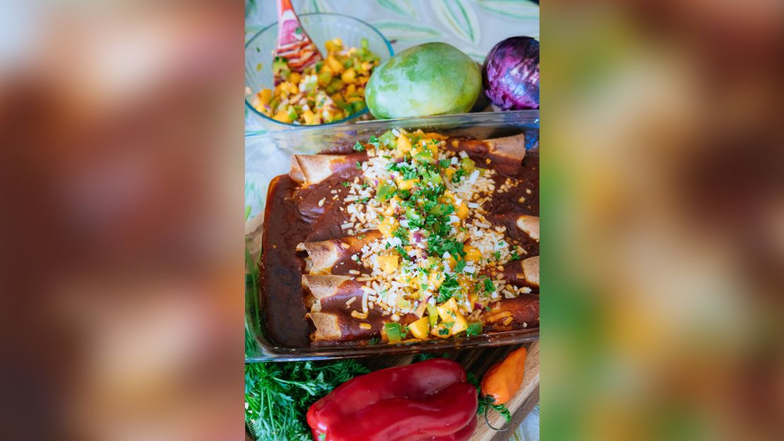 Reyes' Haitian jackfruit enchiladas, a version of which she posted on TikTok.