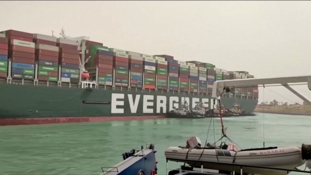 A picture of the Ever Given, the massive container ship that is blocking the Suez Canal.