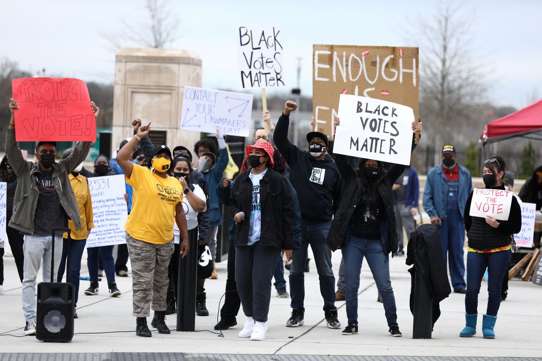 Protesters gather outside of the Georgia State Capitol in Atlanta to protest HB 531, which would place tougher restrictions on voting in Georgia, U.S. March 1, 2021.