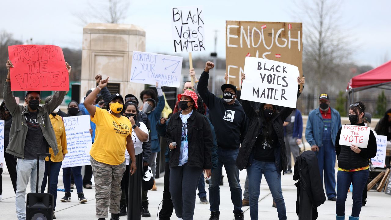 Protesters gather outside of the Georgia State Capitol in Atlanta to protest HB 531, which would place tougher restrictions on voting in Georgia, U.S. March 1, 2021.