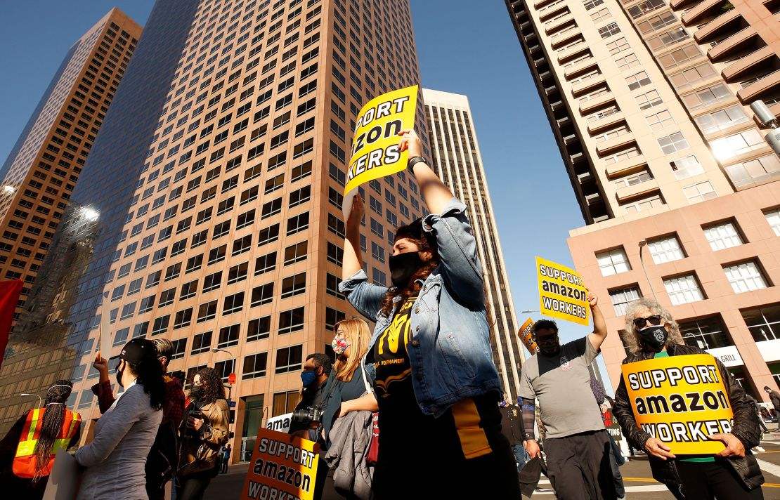 Union workers rallied in downtown Los Angeles on Monday, March 22, 2021 in support of unionizing Alabama Amazon workers. 