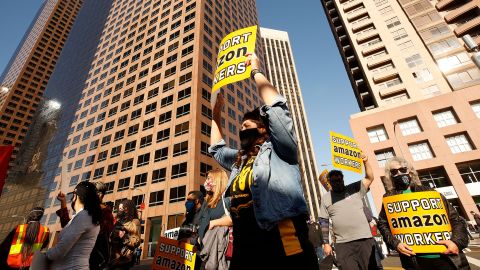 Union workers rallied in downtown Los Angeles on Monday, March 22, 2021 in support of unionizing Alabama Amazon workers. 