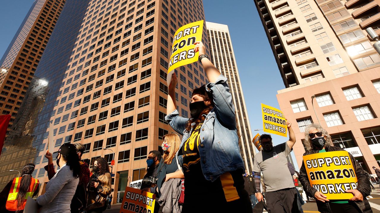 Union workers rallied in downtown Los Angeles on Monday, March 22, 2021 in support of unionizing Alabama Amazon workers.