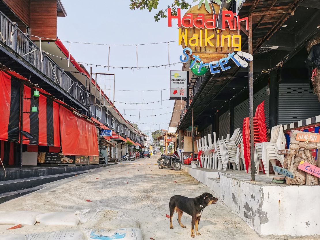 Many of the shops, bars and restaurants that line the streets of Haad Rin have been forced to close. 