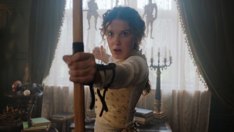 Enola Holmes (Millie Bobby Brown) learning life skills.