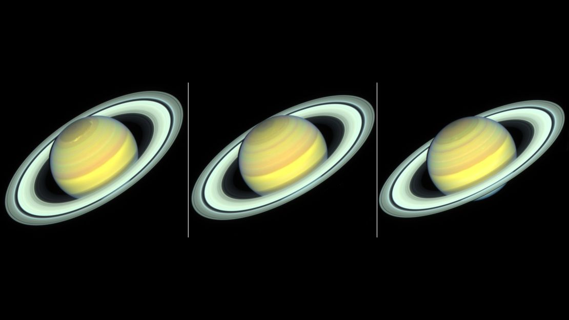 Changes can be seen in Saturn's northern hemisphere as it transitions from summer to fall. The Hubble Space Telescope captured these images in 2018, 2019 and 2020 (left to right).