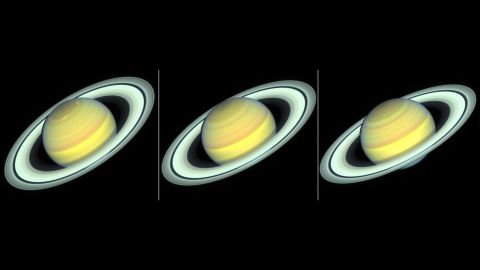 Changes can be seen in Saturn's northern hemisphere as it transitions from summer to fall. The Hubble Space Telescope captured these images in 2018, 2019 and 2020 (left to right).