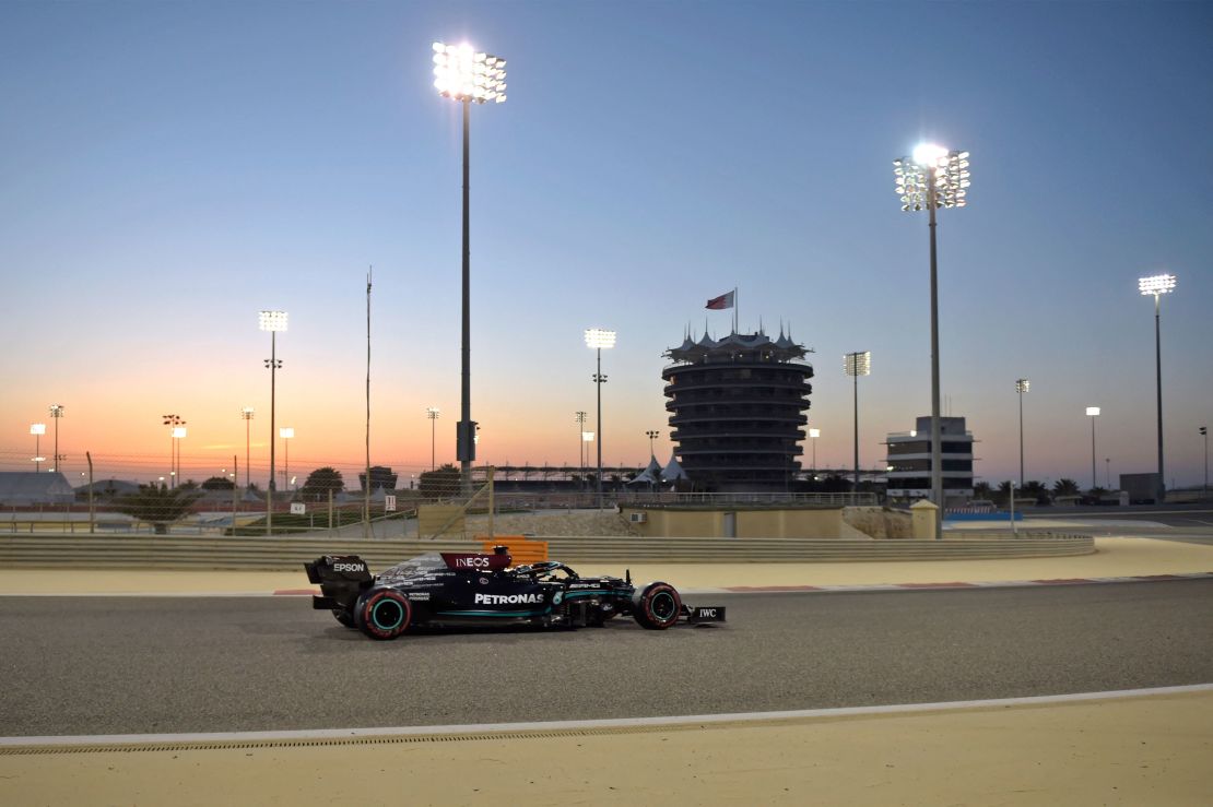 Hamilton drives during the third day of the F1 pre-season testing at the Bahrain International Circuit.