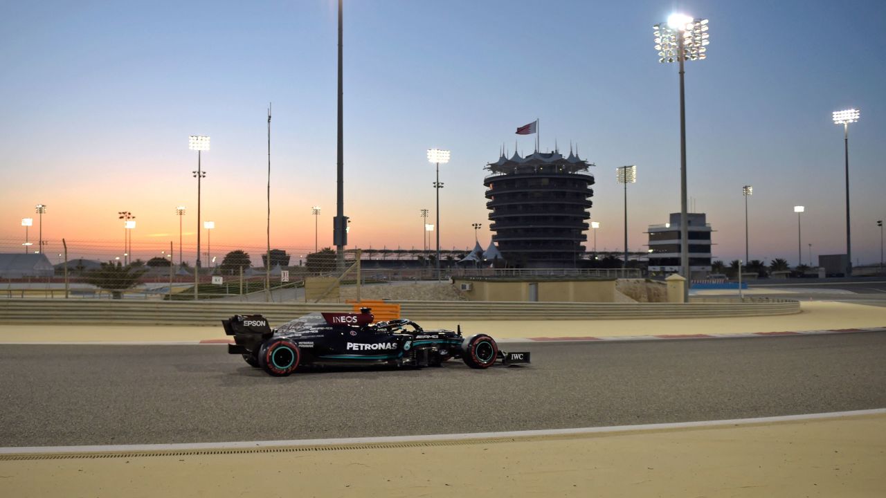 Hamilton drives during the third day of the F1 pre-season testing at the Bahrain International Circuit.