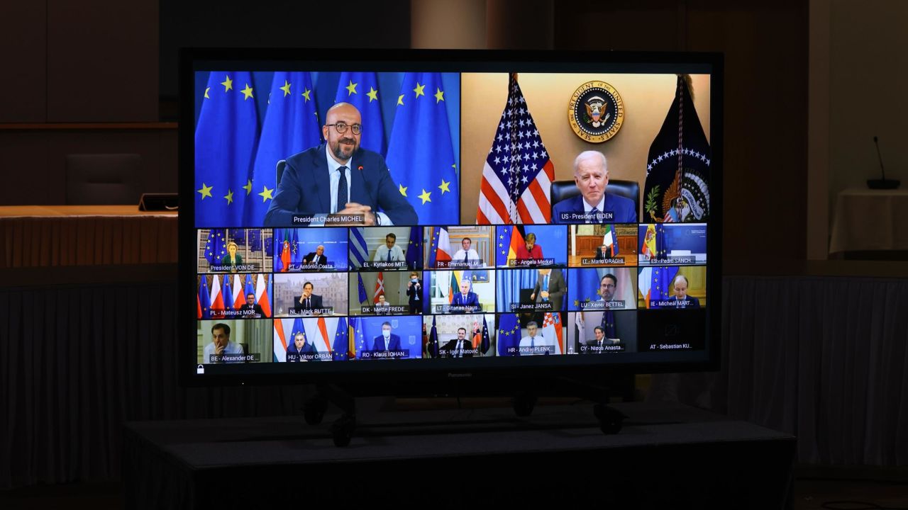 President Joe Biden attends the virtual EU Leaders' Summit in Brussels, Belgium on March 25, 2021.