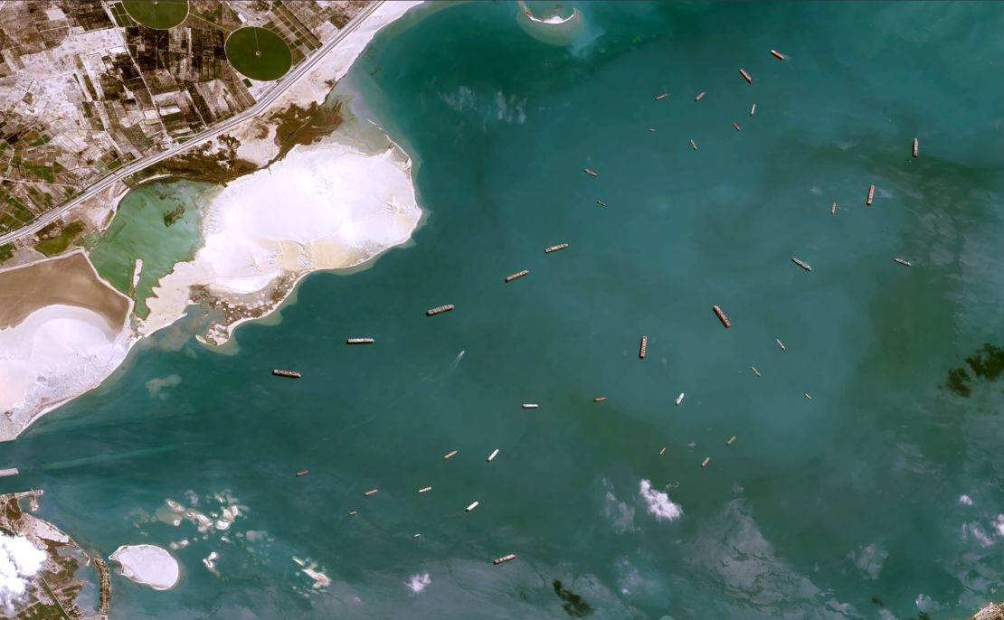 Ships blocked from getting through the Suez Canal wait in Great Bitter Lake on Thursday, March 25.